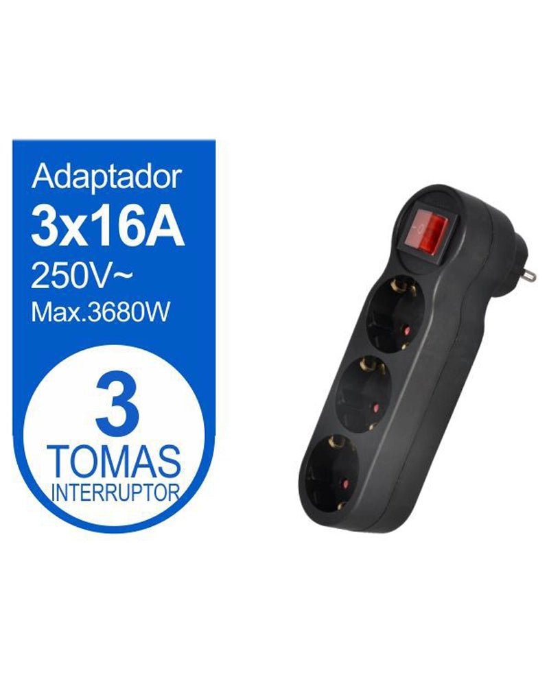 ADAPTADOR 3 TOMAS CON INTERRUPTOR NEGRO - Vencashop