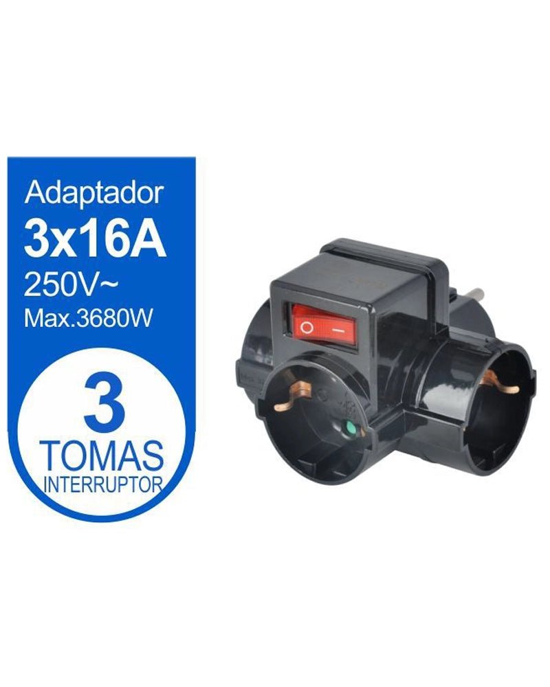 ADAPTADOR 3 TOMAS CON INTERRUPTOR NEGRO - Vencashop