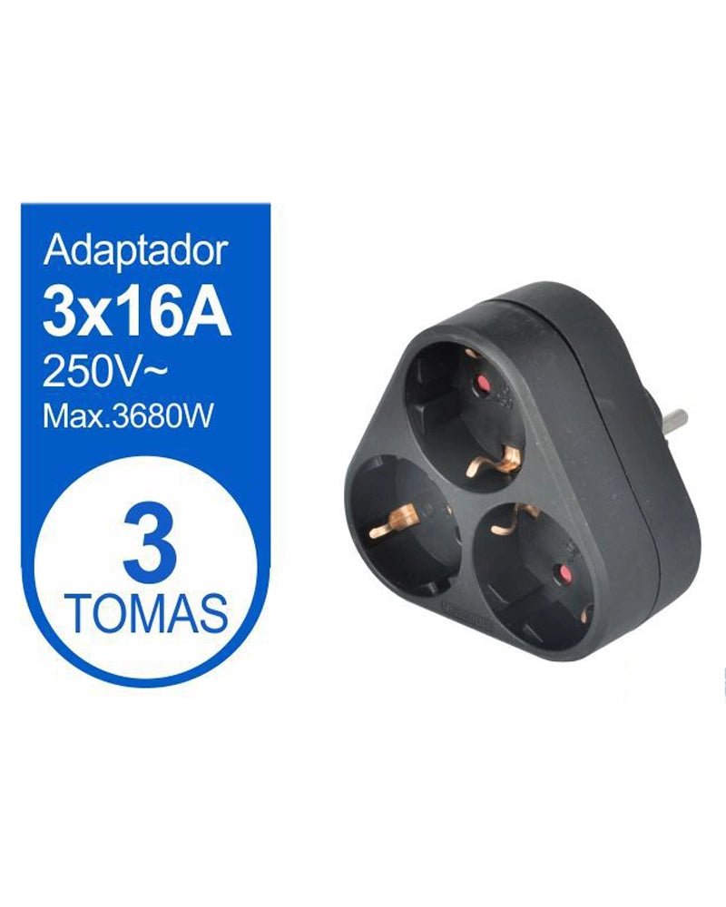 ADAPTADOR SCHUKO DE 3 TOMAS NEGRO - Vencashop