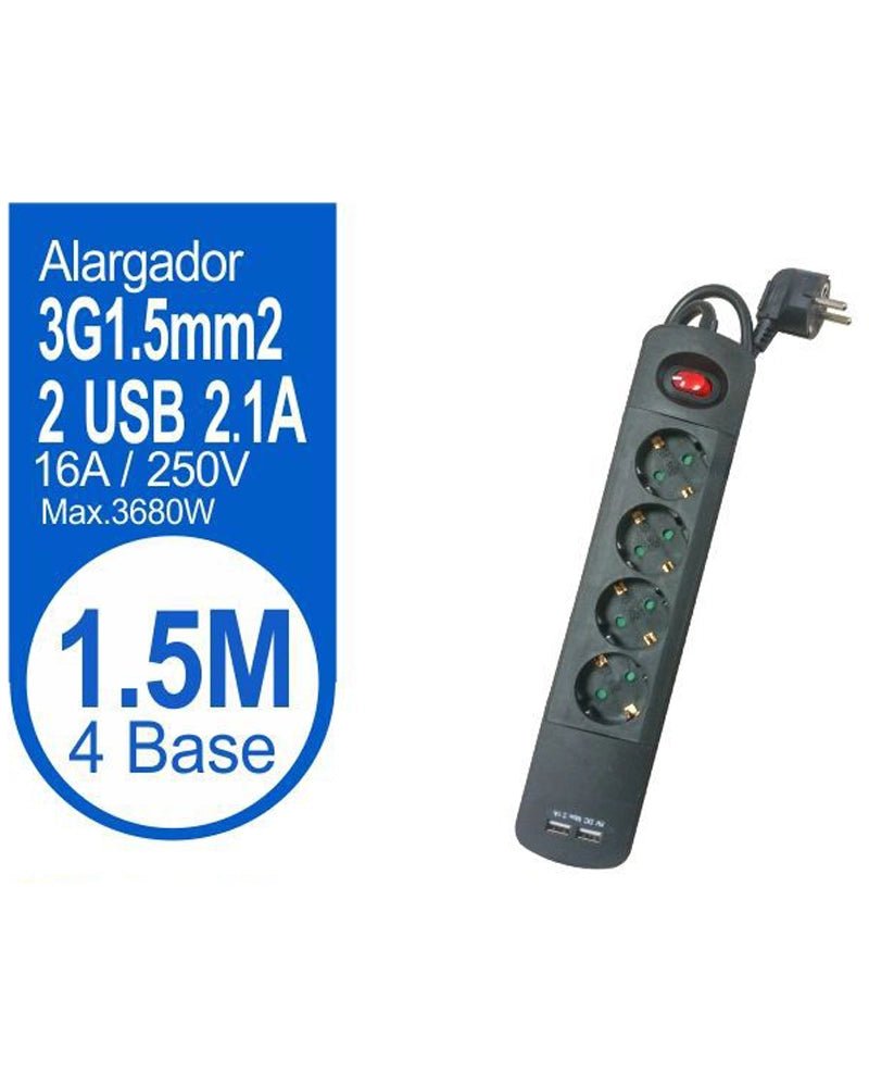 BASE MULTIPLE 4 TOMAS CON INT 1.5M 2USB NEGRO - Vencashop