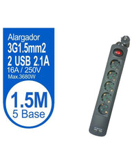 BASE MULTIPLE 5 TOMAS CON INT 1.5M 2USB NEGRO - Vencashop